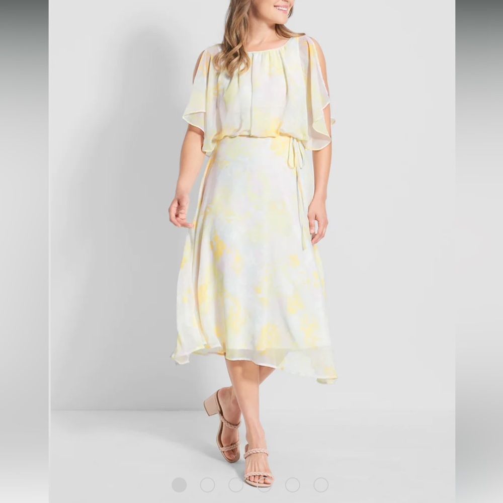 NWT ModCloth Flowy Floral Midi Dress in Pastel Yellow, Pink with Tie Waist